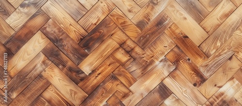 This close-up view showcases a wooden floor adorned with a chevron pattern  highlighting the intricate details and craftsmanship of the parquet board design.