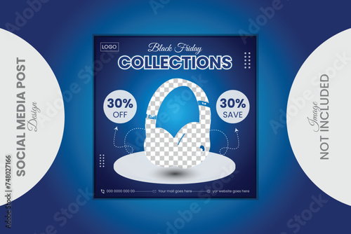pecial offer black friday headphone promotional social media post or editable web banner template Premium Vector