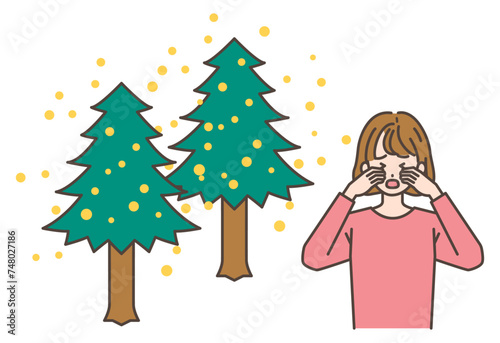 スギ花粉を飛散させるスギの木と花粉症で目が痒い女性
