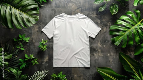 white solid t shirt no tags mockup, back of bella+canva shirt, lay flat on floor, showing back of shirt, dark background, ultra realistic mockup, green nature decorations