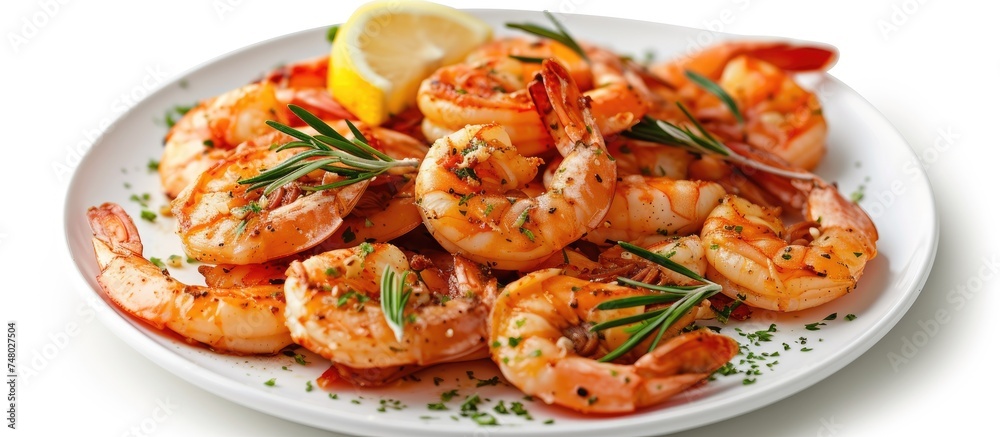A plate filled with succulent shrimp cooked with garlic and served alongside a freshly cut lemon wedge, beautifully arranged on a white background. A plate filled with succulent shrimp cooked with garlic and served alongside a freshly cut lemon wedge, beautifully arranged on a white background.