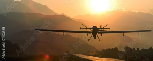Autonomous Drones Flying at Sunrise in Mountainous Terrain