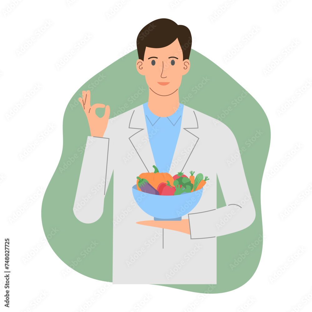 concept nutritionist. Weight loss recommendations and a diet plan. Flat vector illustration. Healthy eating and vegetarianism. concept nutritionist. Weight loss recommendations and a diet plan. Flat vector illustration. Healthy eating and vegetarianism.