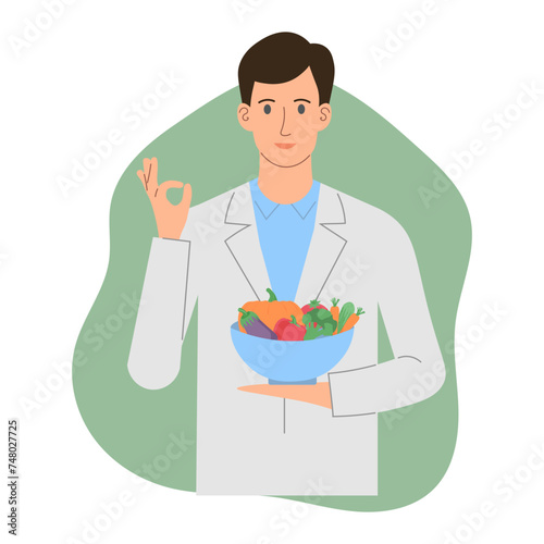 concept nutritionist. Weight loss recommendations and a diet plan. Flat vector illustration. Healthy eating and vegetarianism.
