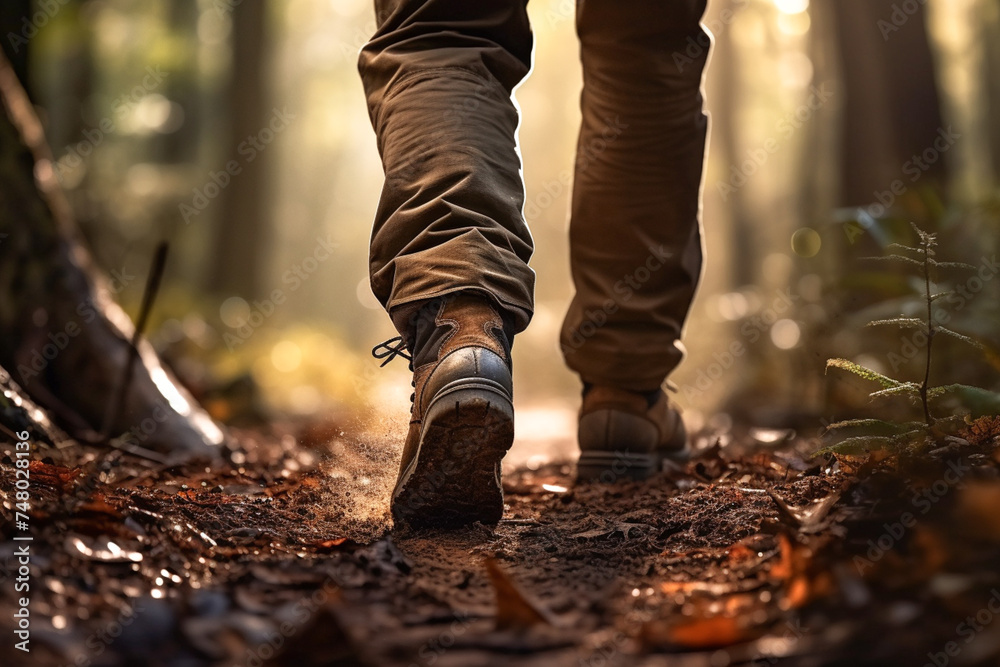 Feet in boots walking through forest, hiking and hike. Camping, tourism, travel, traveling and journey Feet in boots walking through forest, hiking and hike. Camping, tourism, travel, traveling and journey