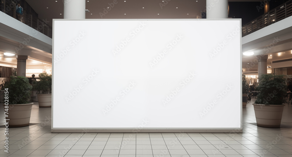 White empty blank canvas billboard poster screen in a shopping mall White empty blank canvas billboard poster screen in a shopping mall