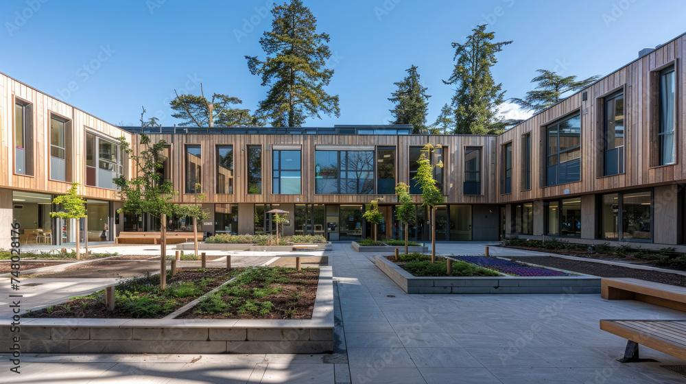 Naklejka premium A courtyard featuring various benches and trees as its main elements
