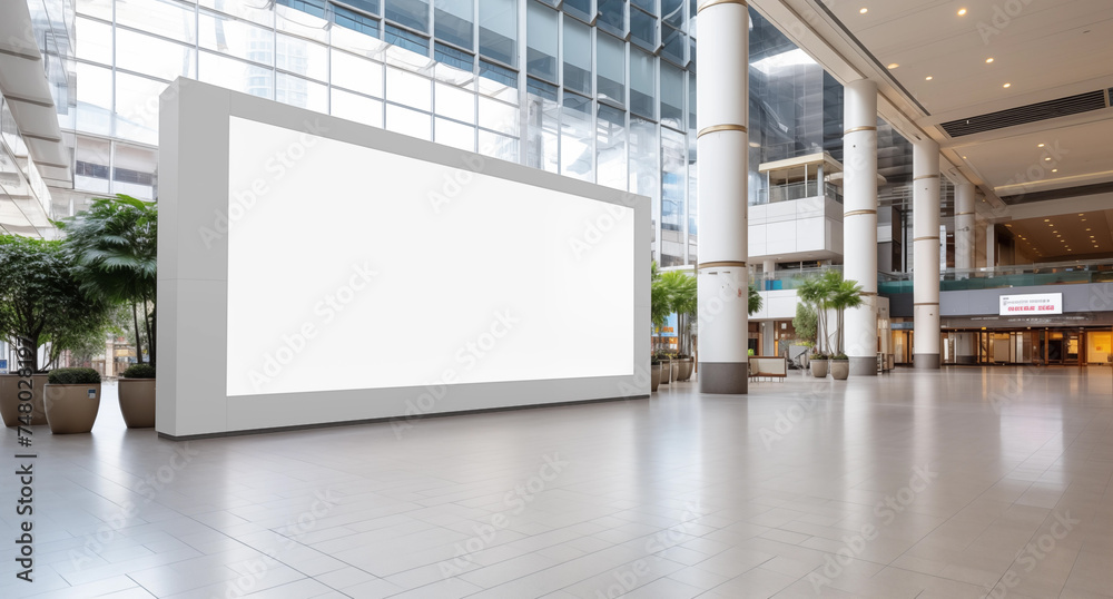 White empty blank canvas billboard poster screen in a shopping mall