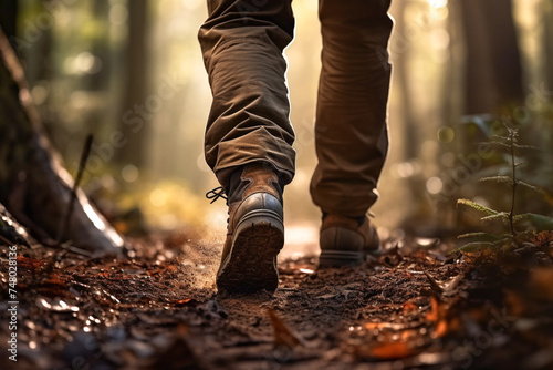 Feet in boots walking through forest, hiking and hike. Camping, tourism, travel, traveling and journey © artsterdam