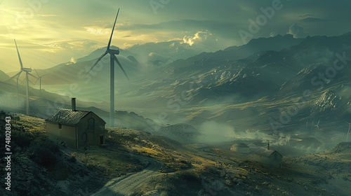 A house sits on a hill with windmills in the background, under a cloudy sky. The scene captures a rural setting with a focus on the architecture and renewable energy sources