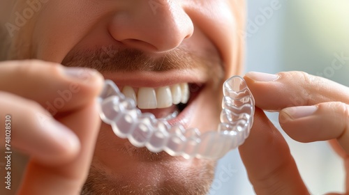 Young Caucasian man inserting a dental aligner. Close-up view. One step closer to his desired smile.