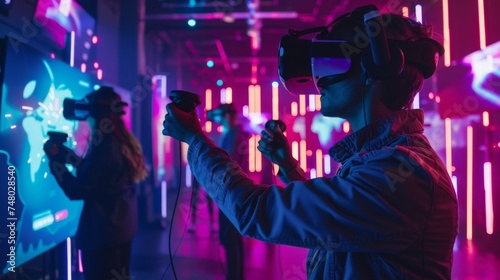 Players with VR headsets are deeply engrossed in interactive games within a vibrant, neon-lit virtual reality gaming zone.