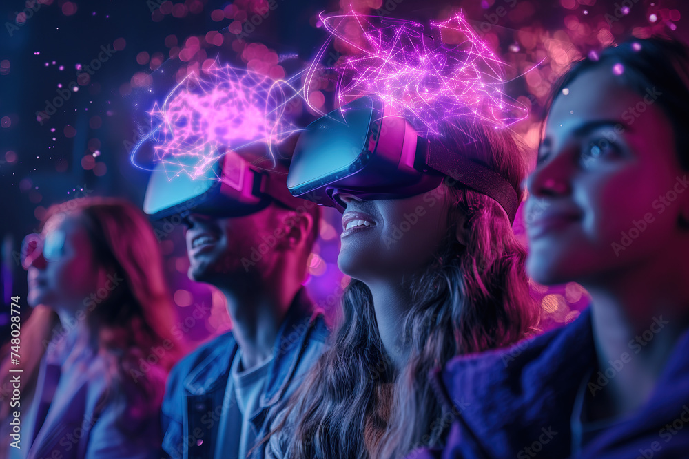Women wearing virtual reality watching goggles headset spatial computer, augmented reality technology, colorful neon