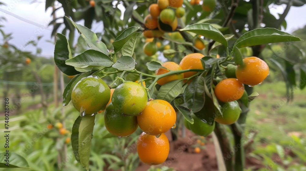 In this image we see a branch covered in small round oranges. Some are still green promising to ripen soon while others are a perfect shade of orange ready to be plucked from