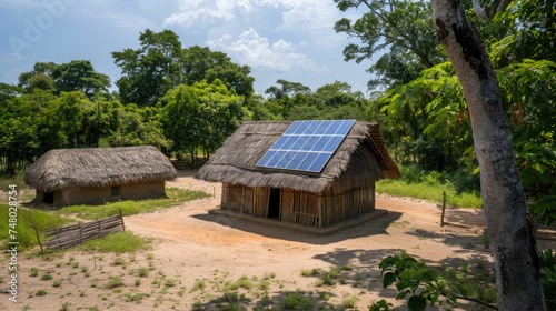 A small hut in a rural area with a solar panel installed on its roof, harnessing sunlight for energy