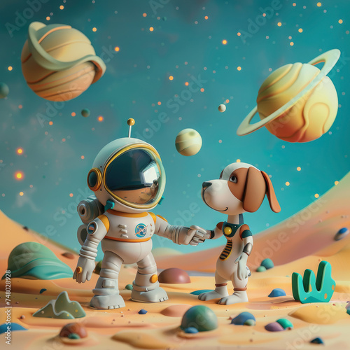 A dog in a spacesuit and its robot friend exploring alien planets in a galaxy, 3D cartoon style photo