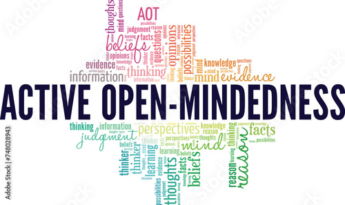Active Open-Mind Thinking: Open-Mindedness word cloud conceptual design isolated on white background.
