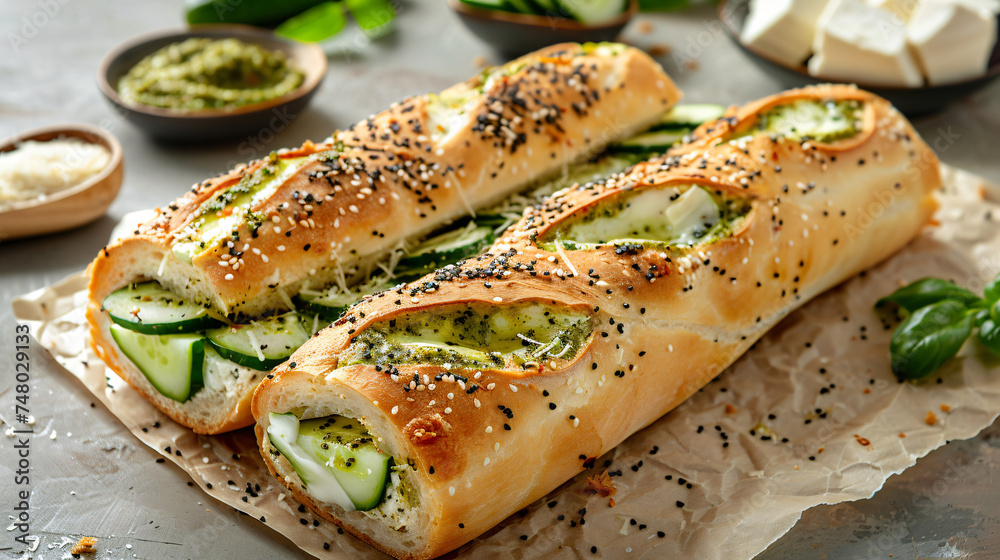 Unsweetened roll with pesto curd cheese
