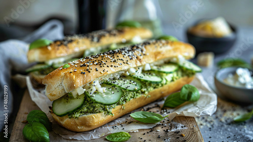 Unsweetened roll with pesto curd cheese photo