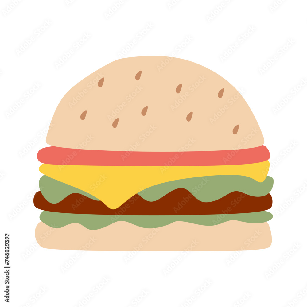 Hamburger Flat icon on White background. Burger with Salad, Tomatoes, Cheese and Cutlet. Fast food. Vector Cartoon illustration. Meal for Picnic, BBQ. Eating Concept. Design art, Graphic object. Hamburger Flat icon on White background. Burger with Salad, Tomatoes, Cheese and Cutlet. Fast food. Vector Cartoon illustration. Meal for Picnic, BBQ. Eating Concept. Design art, Graphic object.