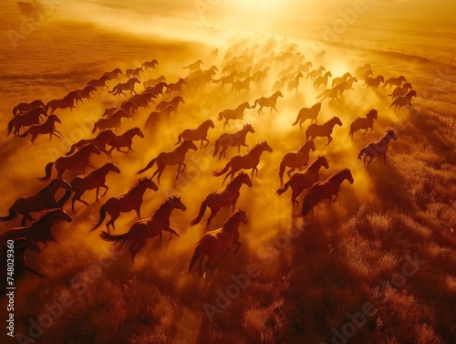 Aerial view, herd of wild horses running across field
