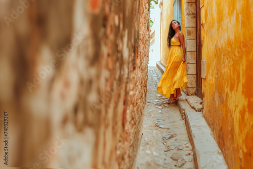 Captivating Cartagena: The Allure of Women in Yellow Dresses Illuminating the Picturesque Cobblestone Streets of this Charming Colombian City of Latin America.