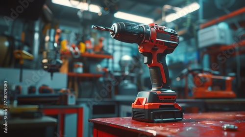 New cordless drill. The power tool is on a red industrial metal base. photo