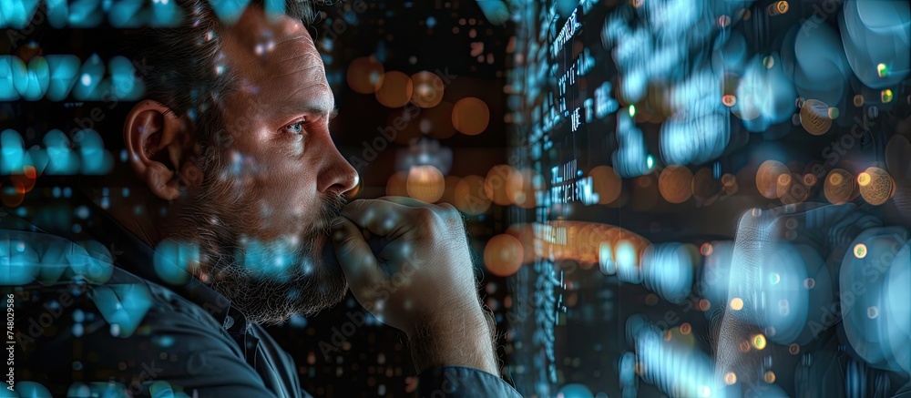 A contemplative network engineer is standing by a window, gazing at a sprawling cityscape. He is deep in thought, pondering strategies to enhance mainframe security and troubleshoot data processing A contemplative network engineer is standing by a window, gazing at a sprawling cityscape. He is deep in thought, pondering strategies to enhance mainframe security and troubleshoot data processing