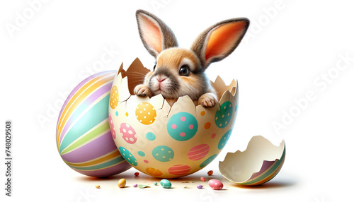 Easter holidays surprise. Cute bunny peeking out / hatching of brightly colored, cracked Easter egg adorned with flowers and dots isolated on white background. Ideal for Easter and spring themes.
