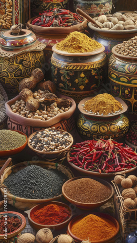 Variety of spices at a traditional market - Vibrant display of various spices and herbs in an exotic market setting, showcasing culinary diversity