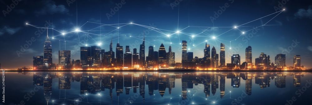 Abstract modern city skyline with wireless network and connection technology concept - obrazy, fototapety, plakaty 