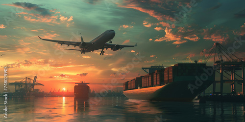 an air plane in front of a large container ship at sunset,