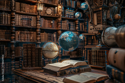 Vintage globes and books in wooden library - An exquisite collection of globes and ancient books on wooden shelves, showcasing the meridian of geography and history