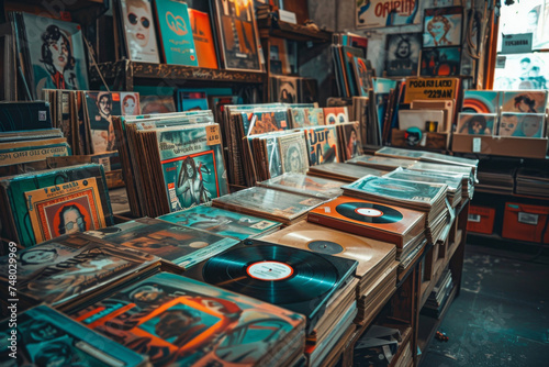 Vintage vinyl records in a music store - A collection of assorted classic vinyl LPs displayed in a retro music record shop