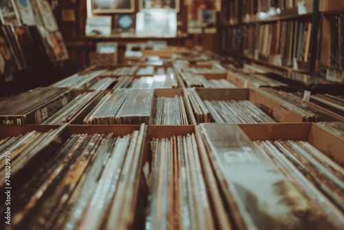 Vintage vinyl record store aisle view - An atmospheric shot inside a vintage record store with an array of vinyl albums photo