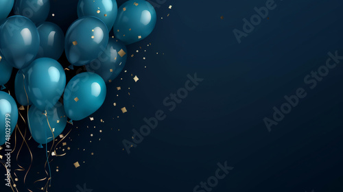 birthday party balloons, Celebration background with golden blue confetti and blue balloons on dark blue background. Banner	
 photo