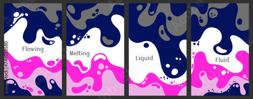 Melting vibrant waves pattern summer front pages. Bubble splashes and streams vector pack box covers