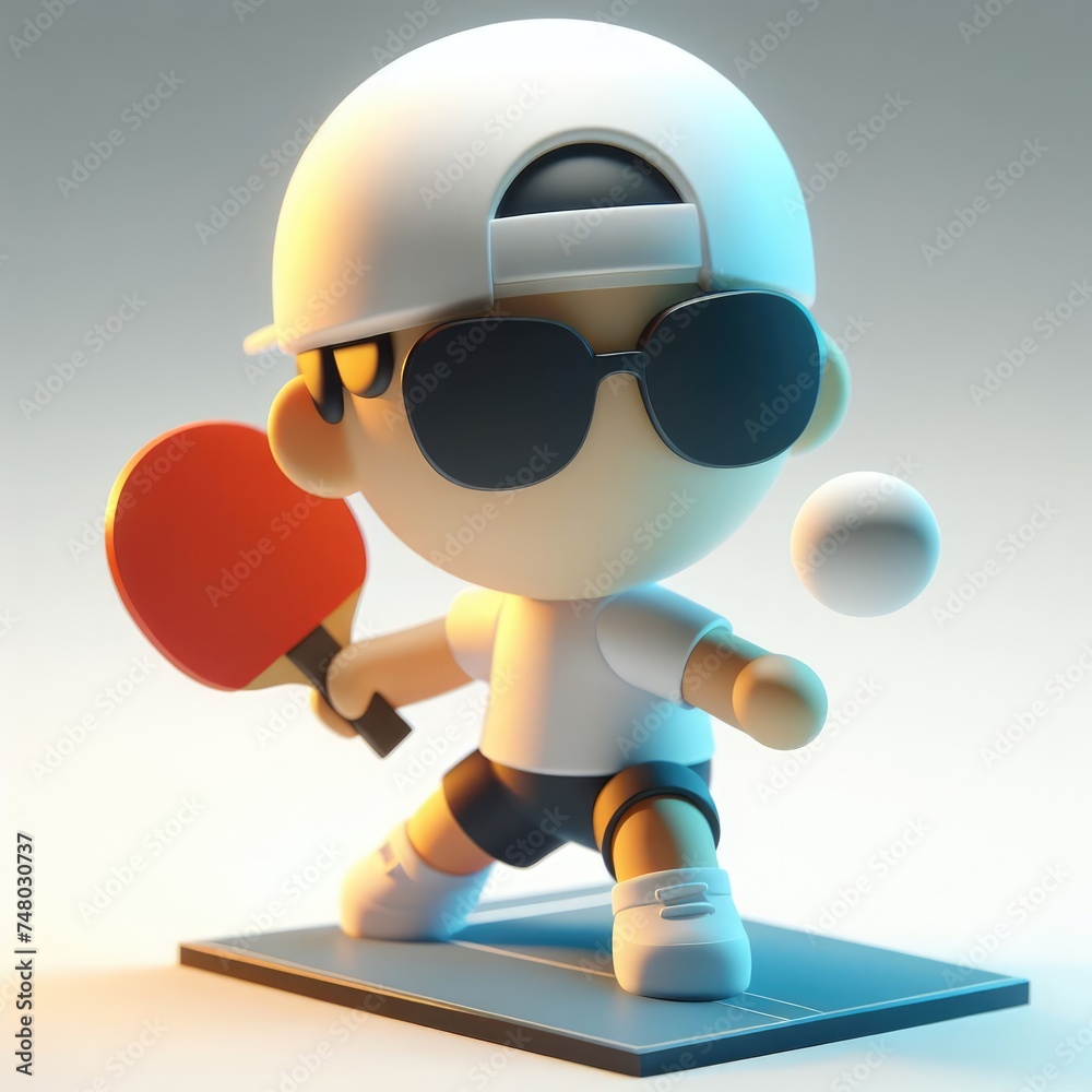 Ping pong player in a dynamic pose and glasses. Colorful Cartoon Cute 3D character.
