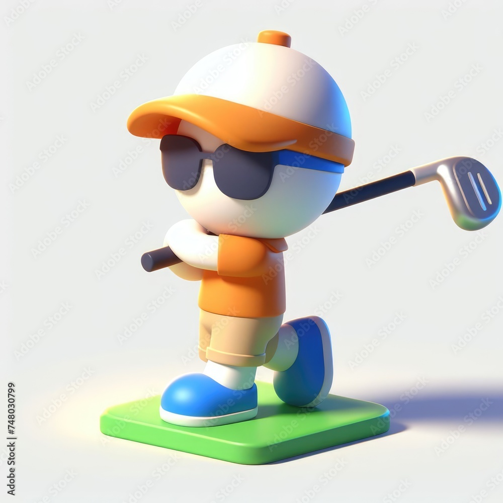 Golf player in a dynamic pose and glasses. Colorful Cartoon Cute 3D character. Golf player in a dynamic pose and glasses. Colorful Cartoon Cute 3D character.
