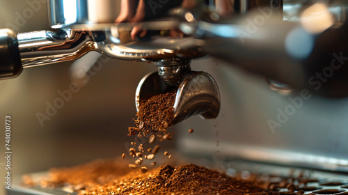 Ground coffee pouring into a portafilter with a spoon. photo