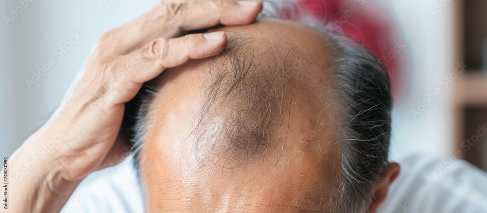 An Asian elderly male with male pattern hair loss, showing balding or ...