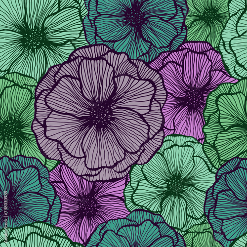 Poppy flower doodle  floral vector seamless pattern summer  fabric print desi...