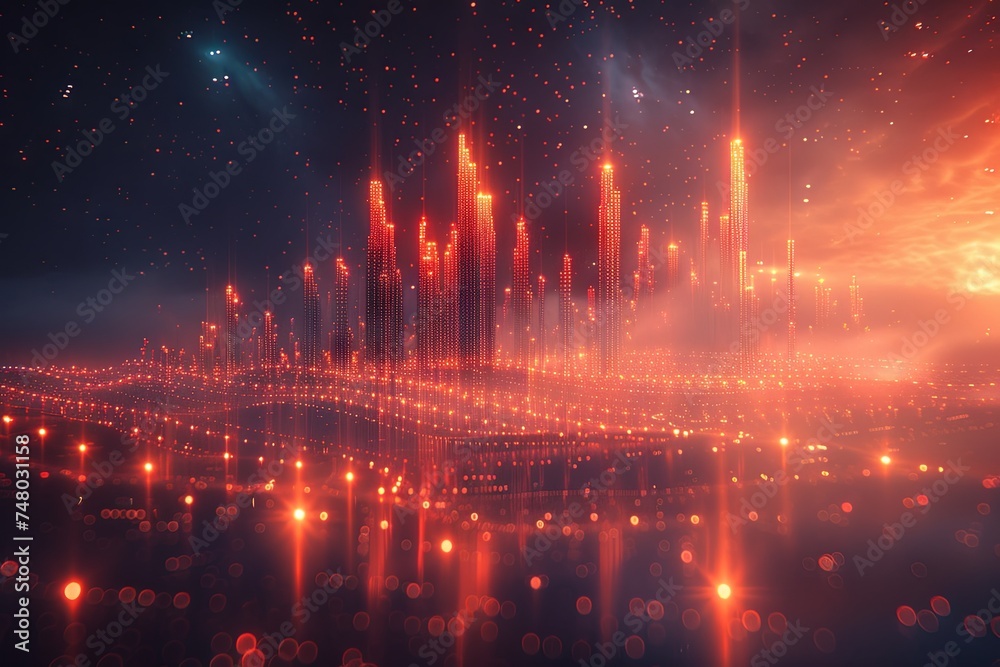 a 3d city viewed from space, in the style of neon grids, light sky-blue and dark red, ethereal lighting. Generative AI