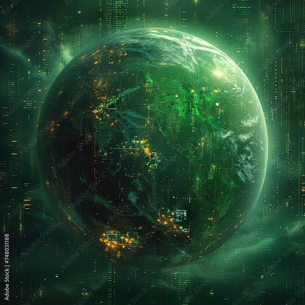 Obraz premium a background with a planet and green background 3d furnished photo, in the style of cyberpunk imagery, scientific diagrams, dark cyan and black, assemblage of maps. Generative AI