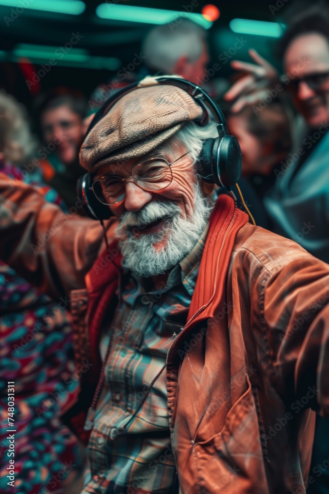 elderly man with headphones listening to music in a subway