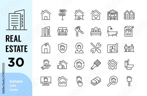 Real Estate line icons set. property, mortgage, home loan, rent, sale, apartment. editable stroke icon. vector illustration.