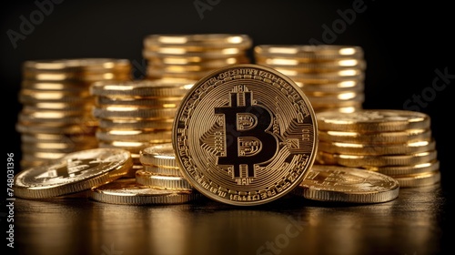 Cryptocurrency physical golden bitcoin coins on a black background. Virtual money concept.