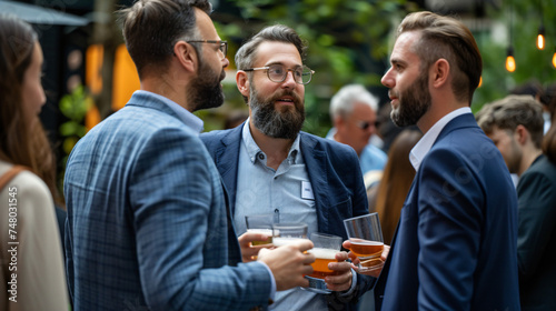 Group of business people at outdoor networking event.