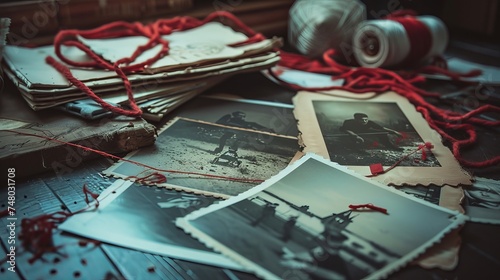 A retro-toned image of a detective board featuring photos of suspected criminals, crime scenes, and evidence, all connected by red threads, evoking a classic investigative aesthetic photo