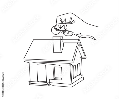 Saving income for future housing concept, Business human hand hold coin with house, Digital marketing illustration.Continuous line art or One Line Drawing